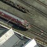 Severely smashed rail car